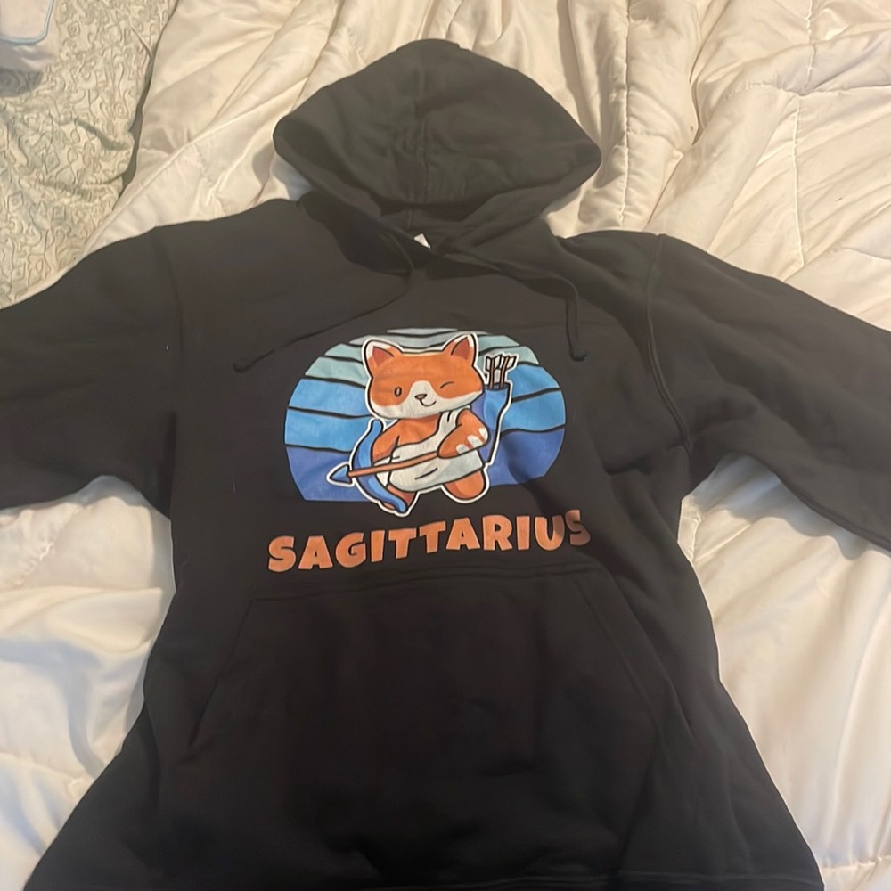 cat fox cute zodiac sagittarius black quality hoodie orange blue womens medium